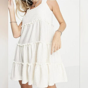 Topshop Womens Baby Doll Mini Dress Size Medium Textured Tiered Sleeveless Ivory